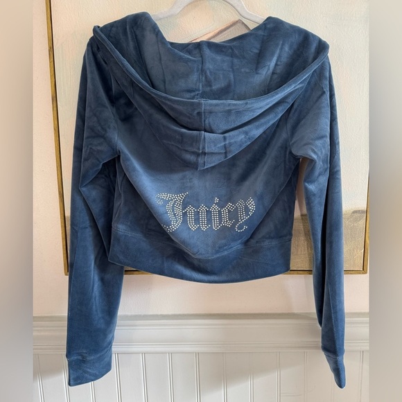 JUICY COUTURE Womens Classic Rhinestone Juicy Velour Hoodie Midnight Sea Sz Sm - Picture 8 of 8